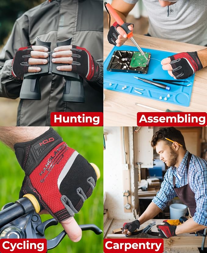 HANDLANDY Fingerless Work Gloves for Men, Half Finger Working Glove Grip Shock-Absorbing Breathable Uwrist TPR Anti-Collision Gloves for Mens & Women (L)