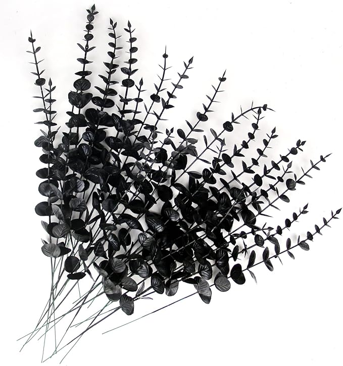 Tinsow 26 Pcs Black Artificial Eucalyptus Stems Faux Halloween Flowers Eucalyptuses Real Touch Leaf Centerpiece Home Decor (26, Black)
