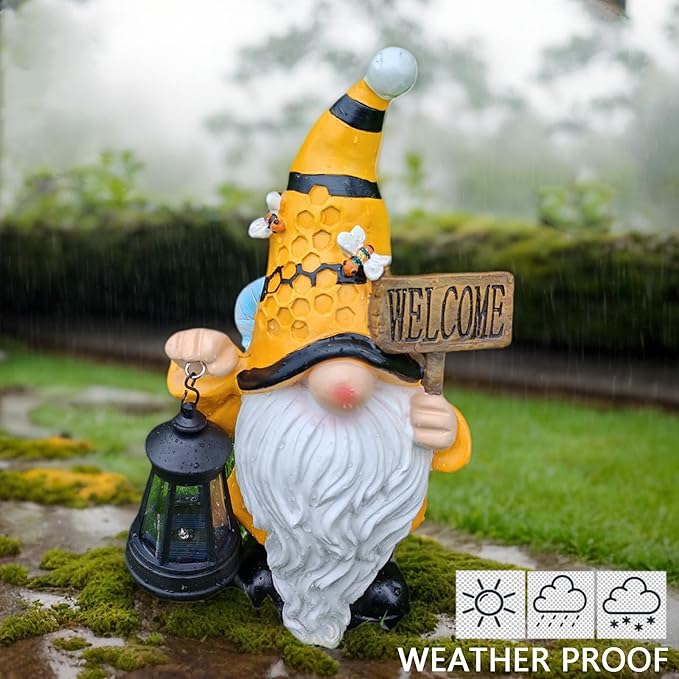 Maikall Rish Gnome Garden Statues with Solar Lights Outdoor Gnomes Sculpture Yard Patio Decor for Lawn Ornaments Gardening Gifts（Bee Gnome