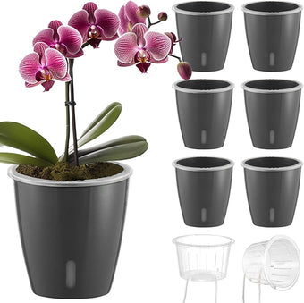KvyusFlourish Self Watering Pots for Indoor Plants, 6-Pack 5'' Self Watering Planter with Drainage Holes, Small African Violet Pots with Water Indicator, Clear Wick Orchid Pot, Grey Gold