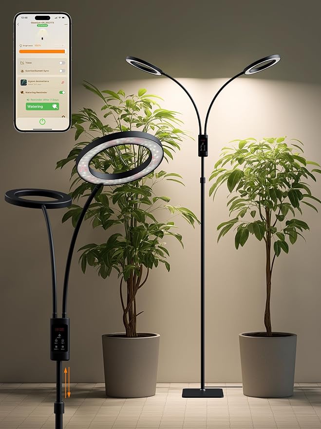 Smart Grow Lights for Indoor Plants,48W 2-Head Plant Light with Auto-Timer, Full Spectrum LED Grow Light, Adjustable Height & Stepless Dimming,Plant Assistant Suitable for Most Plants (Black, 48W)
