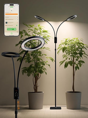 Smart Grow Lights for Indoor Plants,48W 2-Head Plant Light with Auto-Timer, Full Spectrum LED Grow Light, Adjustable Height & Stepless Dimming,Plant Assistant Suitable for Most Plants (Black, 48W)