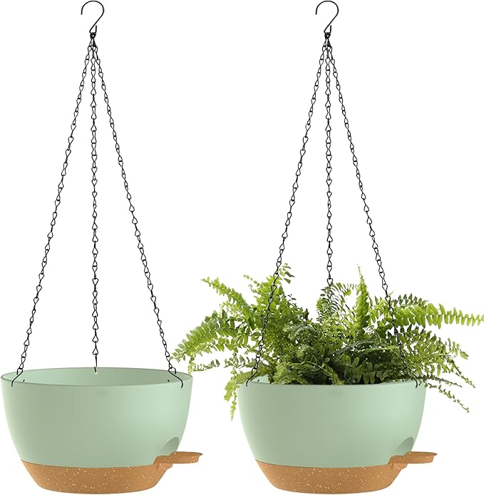 SQKH 10 Inch Hanging Baskets 2 PC with Chains, Self-Watering Hanging Planters for Indoor Outdoor Plants, Plastic Hanging Flower Pots,Green Brown