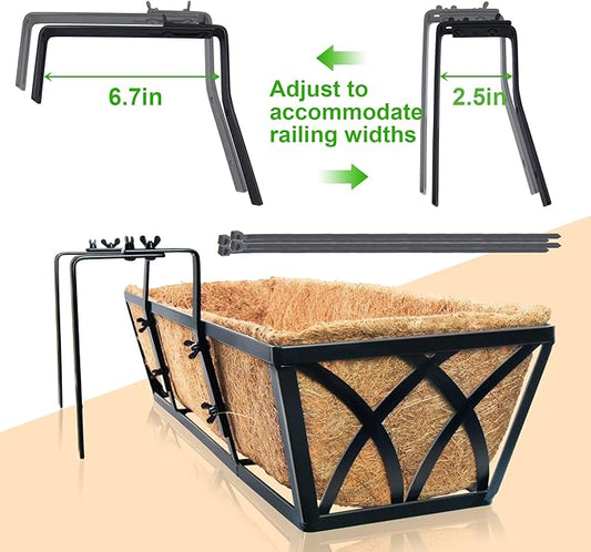 24 Inch Window Deck with Coco Liner, 24" Window Boxes Horse Trough with Coconut Coir Liner, Fence Metal Hanging Flower Planter Window Basket Deck Railing Planter Boxes for Outdoor Garden Lawn, 4pcs