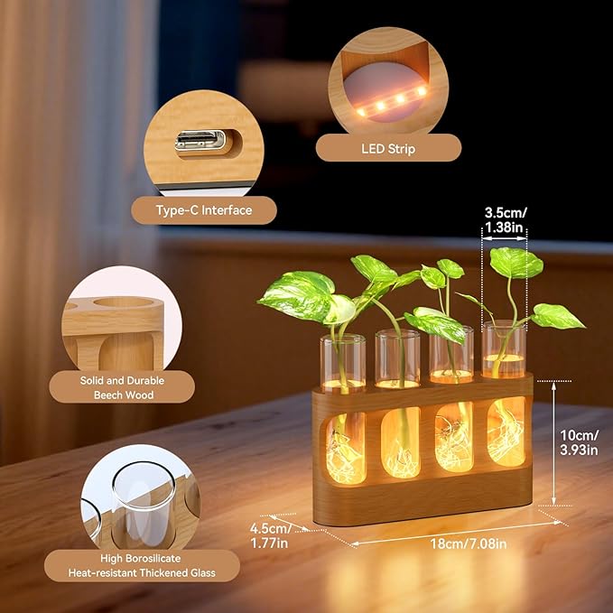Plant Propagation Station with Wooden Stand, Gardening Gifts for Mom Women Plant Lovers, 9-Level Dimmable LED Light 4 Glass Test Tubes Vases for Hydroponic Plants - Desktop Terrarium for Home Decor
