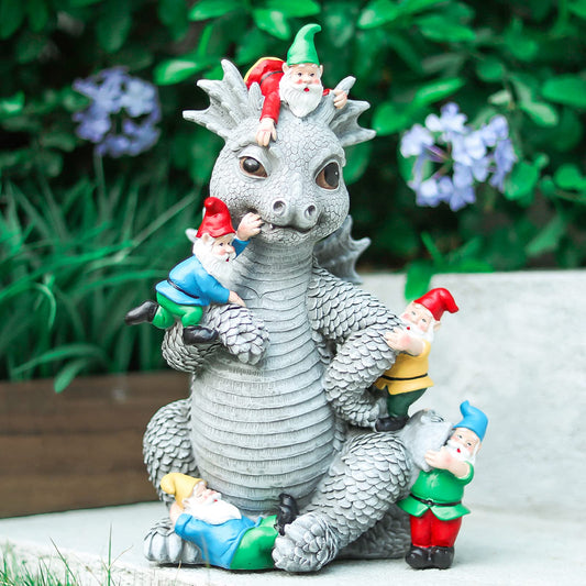 Dragon Garden Statue, Dinosaur Play with Gnomes Garden Statues, Garden Gift