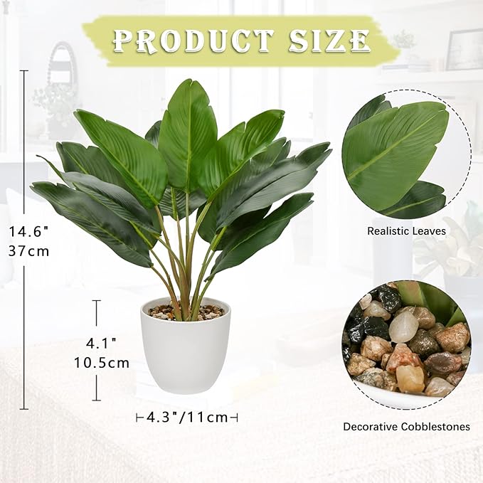 Hollyone Artificial Bird of Paradise Plant in Pot, Fake Palm Tropical Potted Plant 15" Faux Plantain Banana Leaf Plant for Indoor Outdoor Home Desk Office Garden Decoration