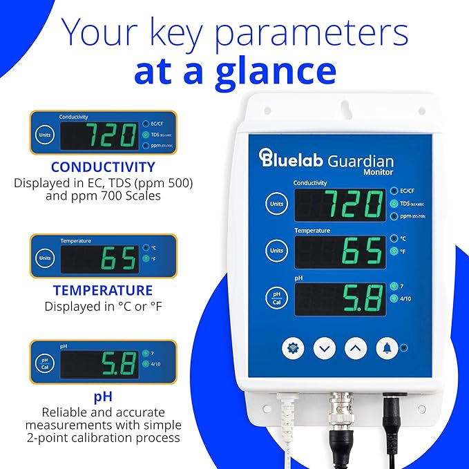 Bluelab Guardian Monitor Wi-Fi for Real-time pH, Temperature, and Conductivity (TDS) Measurements in Water with Calibration, 3 in 1 Digital Nutrient Meter for Hydroponic Systems and Indoor Plant Grow