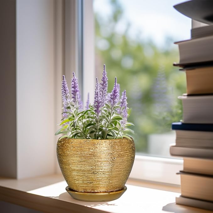 Indoor Plant Pot 6 Inch - Ceramic Pot for Plants Outdoor Planter with Drainage Hole and Saucer Round Decorative Planter Modern Flower Pot for Home Decor Gold