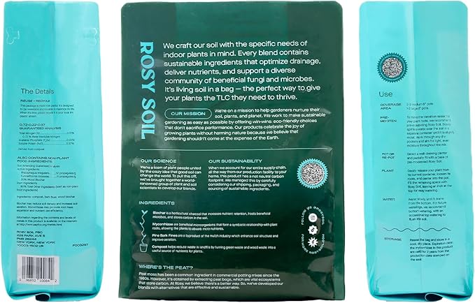 Rosy Soil Indoor Potting Soil for House Plants - Organic Potting Soil Mix for Indoor Plants - Enriched w/Root-Boosting Biochar for Foliage Plants, Flowers, Herbs - Peat Free, Less Prone to Gnats - 4qt