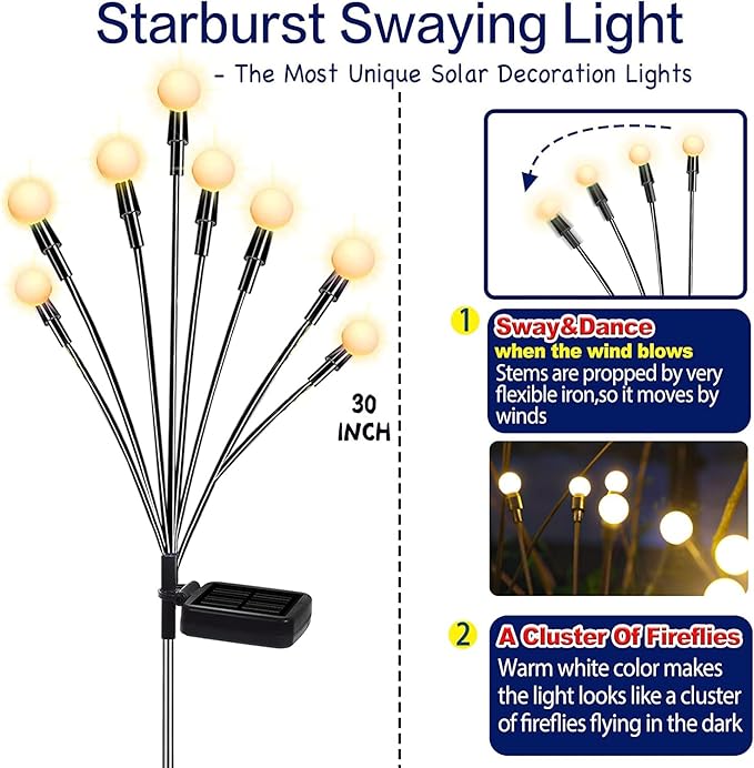 TONULAX Solar Garden Lights - Upgraded Solar Swaying Light, Sway by Wind, Outdoor Lights, Yard Patio Pathway Decoration, High Flexibility Iron Wire & Heavy Bulb Base, Warm White(8 Pack)