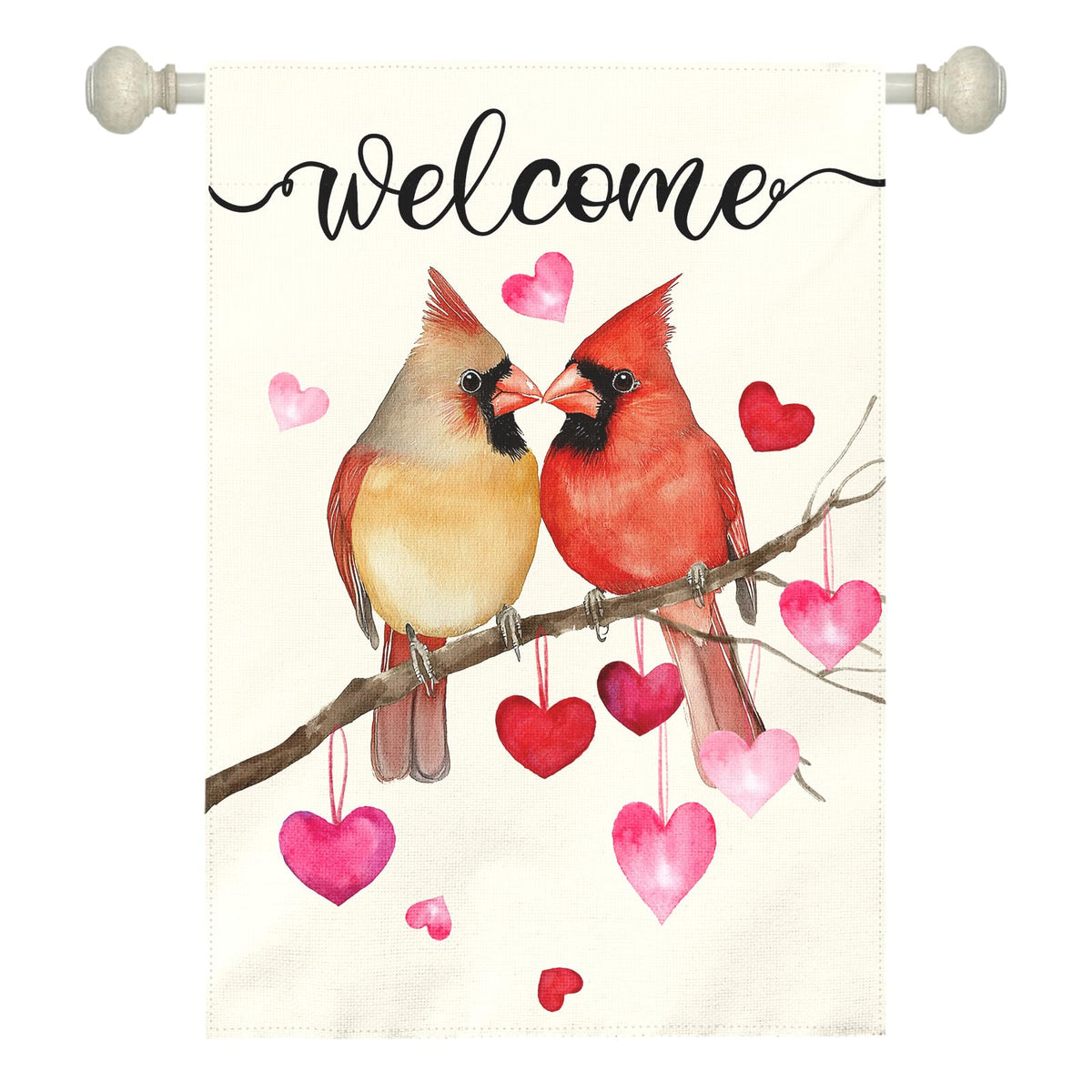 Dacawin Welcome Valentine's Day Garden Flag Cardinal Love Heart Vertical Double Sided House Banner Holiday Anniversary Wedding Red Birds Large Yard Flags Farmhouse Valentines Day Decor 28 x 40 Inch