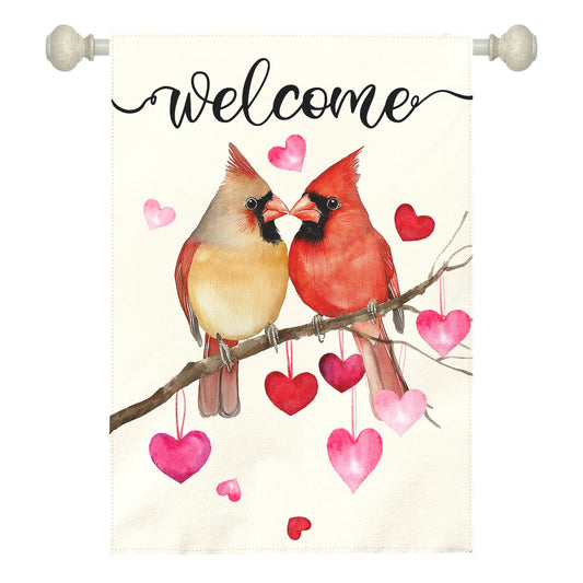 Dacawin Welcome Valentine's Day Garden Flag Cardinal Love Heart Vertical Double Sided House Banner Holiday Anniversary Wedding Red Birds Large Yard Flags Farmhouse Valentines Day Decor 28 x 40 Inch