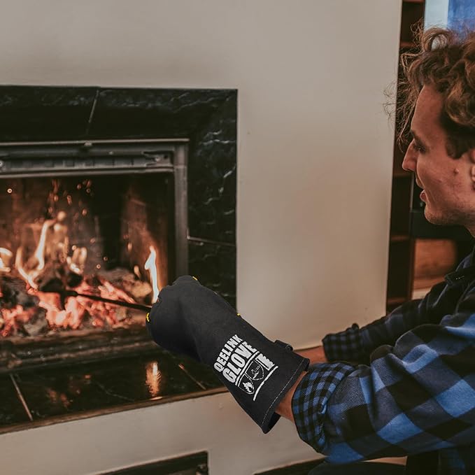 QeeLink Welding Gloves - Heat Resistant Leather and Fireproof Stitching for Fireplace Fire Pit Wood Stove BBQ Gardening Gear