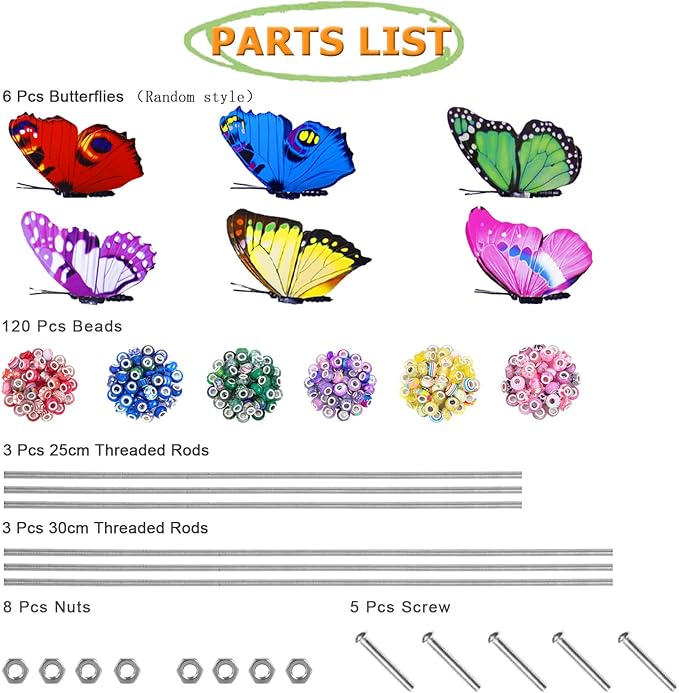 145 PCS Beaded Garden Stakes Kit, DIY Fairy Wand Garden Stake Beads Kits with Assortment Large Hole Beads 6 Colored Random Style Butterfly Tops and Threaded Rods for Outdoor Indoor Decor
