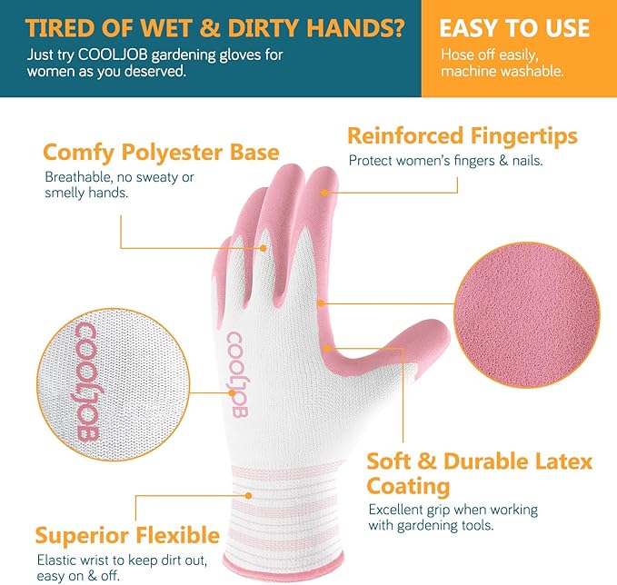 COOLJOB 2 Pairs Gardening Gloves for Women Ladies, Breathable Rubber Coated for Yard Garden, Outdoor Indoor Protective Work with Grip, Small Size, Blue & Pink