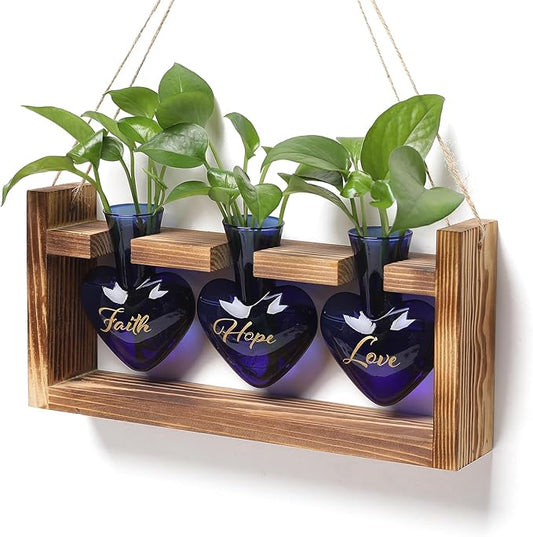 Plant Terrarium Propagation Stations Faith Hope Love Hydroponics Home Garden Decoration Gift for Women with Wooden Stand Heart Shaped Colored Glass Vase