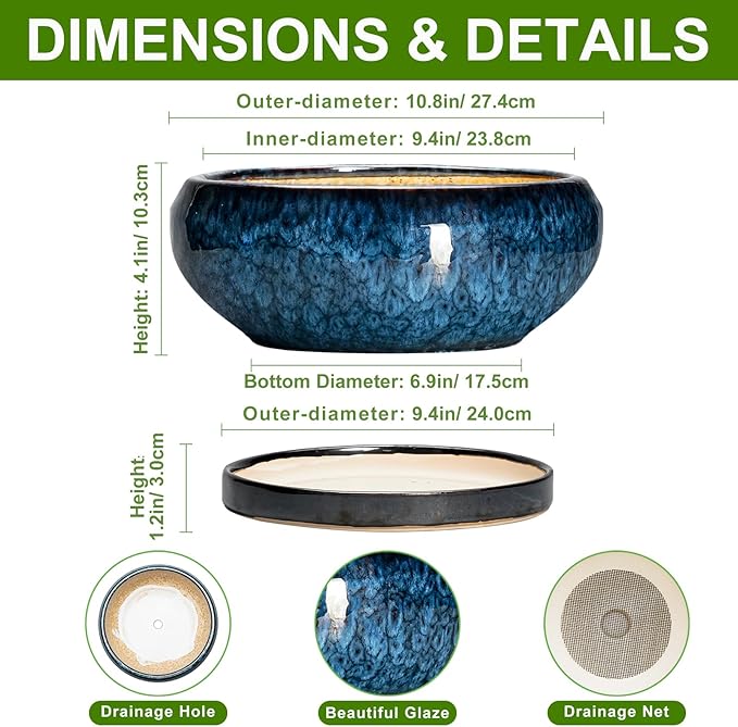 EPFamily Bonsai Tree Pots 10 Inch - Ceramic Succulent Pot with Drainage Hole and Saucer, Bonsai Pots for Indoor Outdoor, Round Succulent Planter, Shallow Planter, Desk Decor, Plant Lover Gifts, Blue