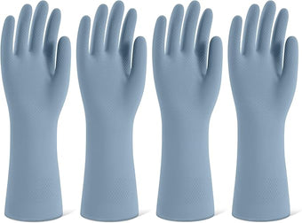 Rubber Cleaning Gloves for Dishwashing, 4 Pairs Reusable Kitchen Gloves for Washing Dishes and Household Cleaning, Blue Dish Gloves with Flocked Lining and Non-Slip Grip, Pefect for Woman Men - M