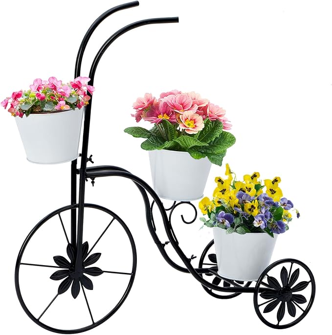 LEWIS&WAYNE Metal Tricycle Planter, 3 Tier Floral Flower Plant Stand Holder Hand Painted Outdoor Garden Patio Decor