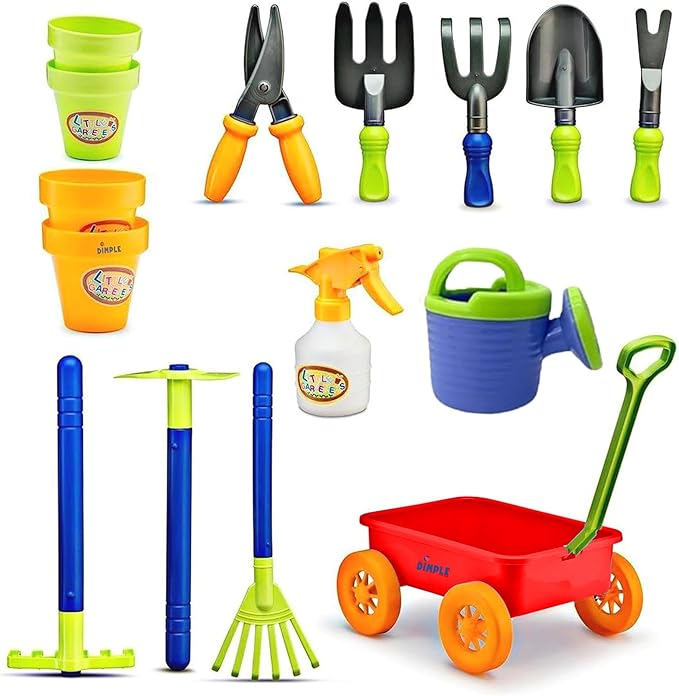 Dimple Garden Wagon & Tools Toy Set Premium 15 Pcs Kids Gardening Tools & Wagon Toy Set - Sturdy & Durable - Top Yd, Beach, Sand, Garden Play Set - Great for Kids & Toddlers