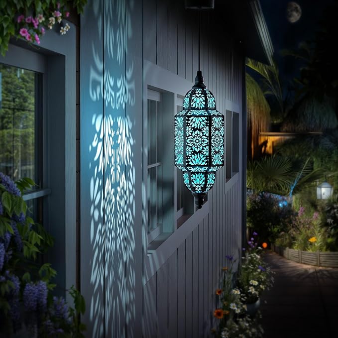 Twinkya 2 Pack Hanging Solar Lights Outdoor Garden Decorative Solar Lantern Waterproof Metal Moroccan Outdoor Decorations for Patio Pathway Yard Porch Backyard Garden Decor (Black, 2 Pack)