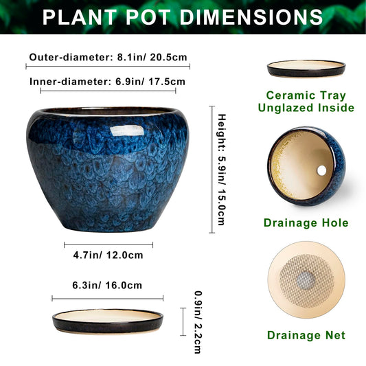 Thirtypot 8 Inch Plant Pot - Ceramic Planter for Indoor Plants Outdoor, Round Planter with Drainage Hole and Saucer, Modern Decorative Flower Pots, Home Office Room Decor, Plant Lovers Gifts, Blue