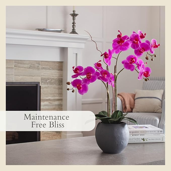 CG Hunter Faux Pink Orchid Plant, Premium Artificial Indoor Flower Display Stands 23-Inches with Beautiful Sculptural Blooms and Foliage That Lasts Forever, Grey Planter Pot Included