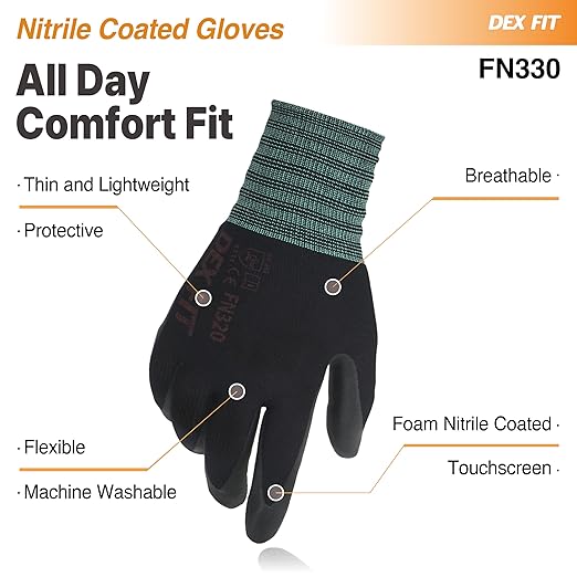 DEX FIT Nitrile Work Gloves FN330, 12 Pairs, 3D-Comfort Stretchy Fit, Firm Grip, Thin & Lightweight, Touch-Screen Compatible, Durable, Breathable & Cool, Machine Washable; Black XL (10)