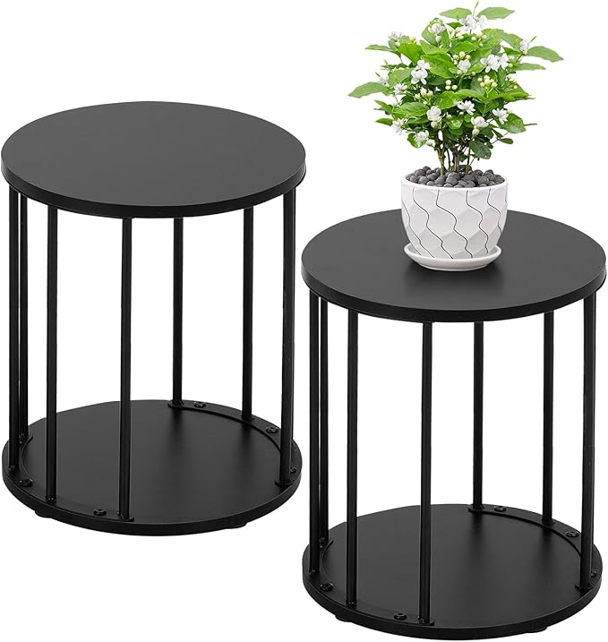Leinade Plant Stand Indoor,small plant stool,Flower Pot Corner stand holder,Mid Century Heavy Duty Metal Tall Home Decor,Modern Round End Table,Small Rustic Display Stand for Living Room,Bedroom(Black,2 Packs)