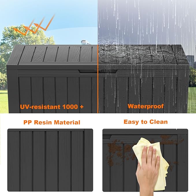 90 Gallon Resin Deck Box, Lockable Patio Outdoor Storage Box for Furniture, Garden Tools and Tools Storage, Waterproof Outside Storage Box - Black