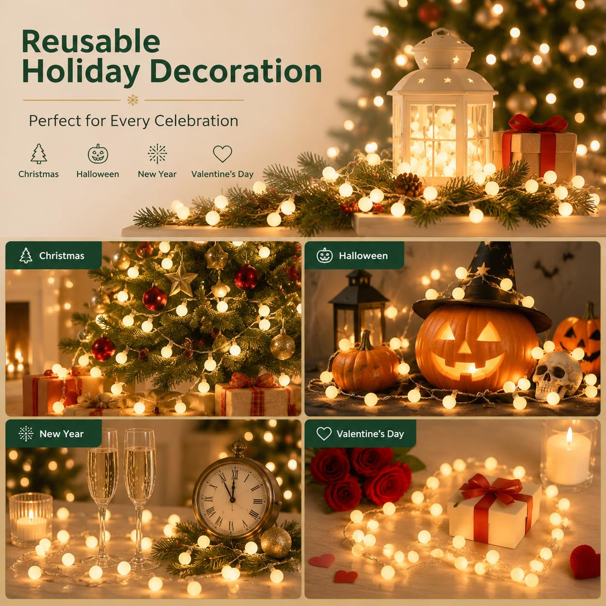HelixBeam Warm Globe LED String Lights Indoor Bedroom 66FT 200LED Remote