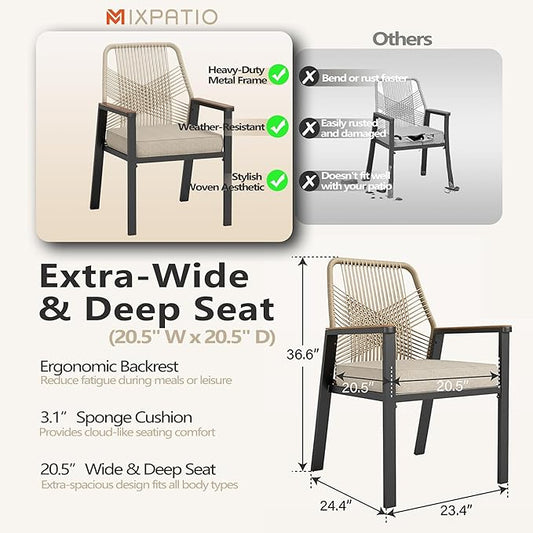 Patio Wicker Chair Sets of 8, Outdoor Dining Chairs with 3.1 inch Seat Cushions, Sturdy Metal Frame & Wood Grain Armrest, Patio Dining Chairs for Porch Backyard, Beige