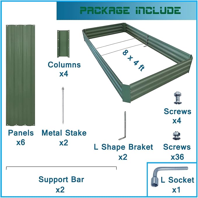 8x4x1ft Metal Raised Garden Bed Kit，Galvanized Garden Bed Box for Vegetables, Flowers, Herbs, and Succulents,240 Gallon Capacity - Green