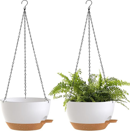 SQKH 10 Inch Hanging Baskets 2 PC with Chains, Self-Watering Hanging Planters for Indoor Outdoor Plants, Plastic Hanging Flower Pots,White Brown