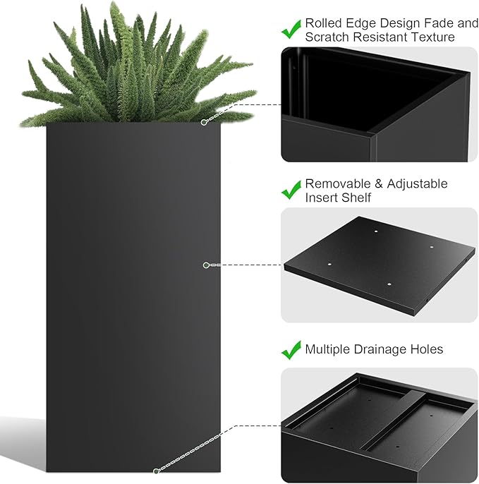 Tall Metal Planter Box for Outdoor Plants 15" L x 15" W x 30" H, Heavy Duty Steel Planter Box with Removable Insert Shelf, Rectangular Planters for Porch, Garden, Yard, Hotel (Black)