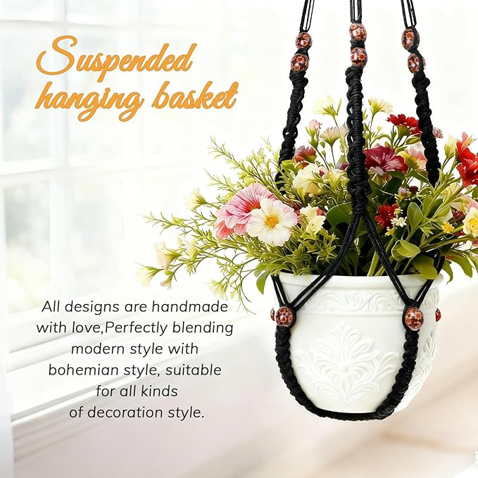 HOREAKHJ 35 Inch Macrame Plant Hanger, Large for up to 15 Inch Pot Extra Long Hanging Planter Holder Basket with Wood Beads for Indoor Outdoor Home Decor (Black, 1-Pack)