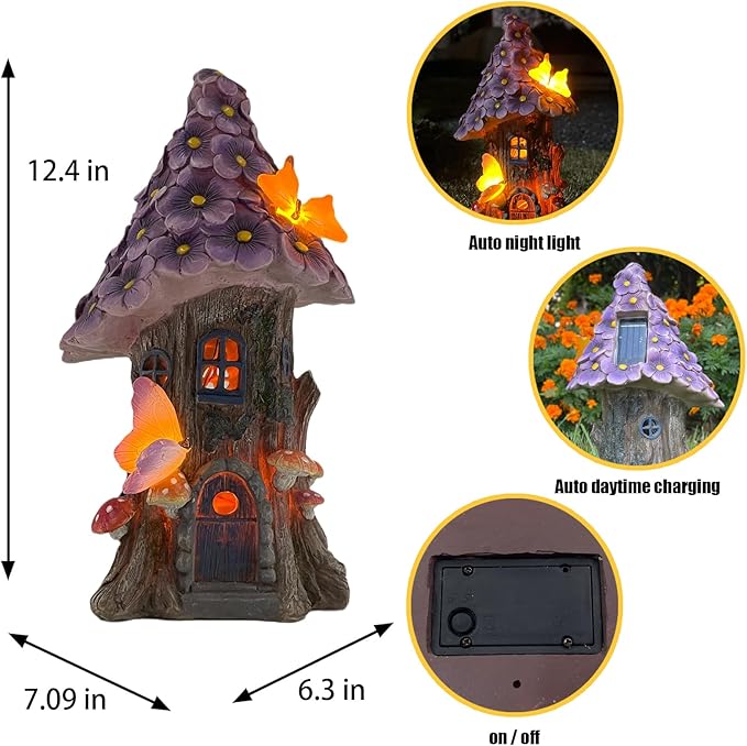 COWOS Mushroom House Statue, Garden Decor Outdoor Solar Statues, Solar Garden Statue Lights, Mushroom Fairy House Figurine, Memorial, Adorable Mushroom and Flowers, Garden Decor