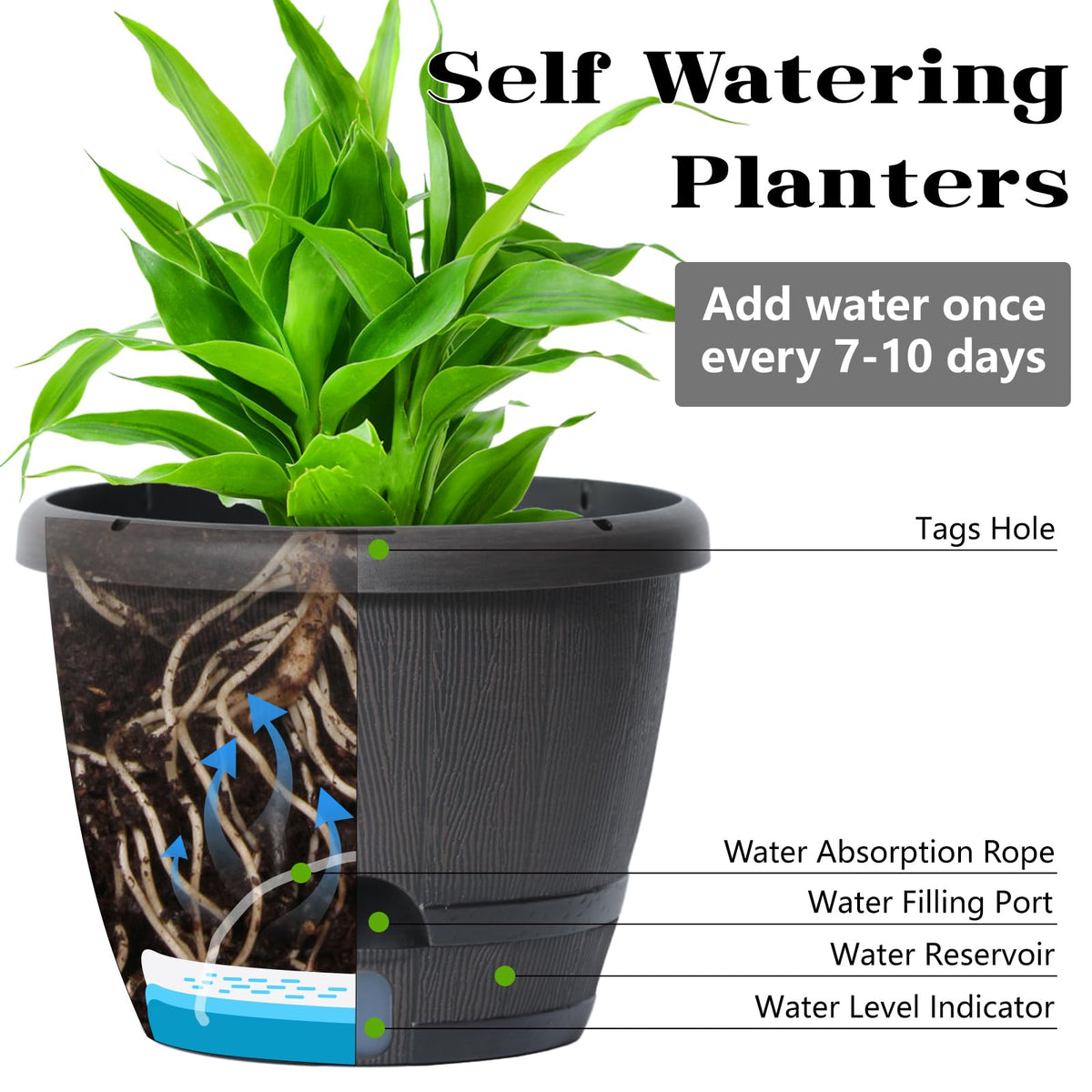 Sun-E 10 Inch Whiskey Barrel Self Watering Planters, Wood Look, 3-Pack