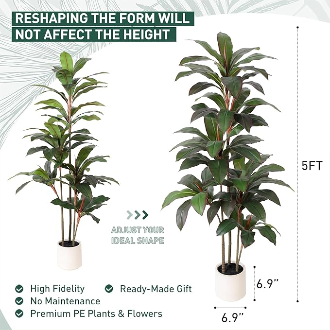 Artificial Dracaena Tree 5 FT, Fake Tree with White Planter, Faux Yucca Silk Floor Plants Indoor, Artificial Trees for Home Office Decor Indoor Outdoor Housewarming Gift