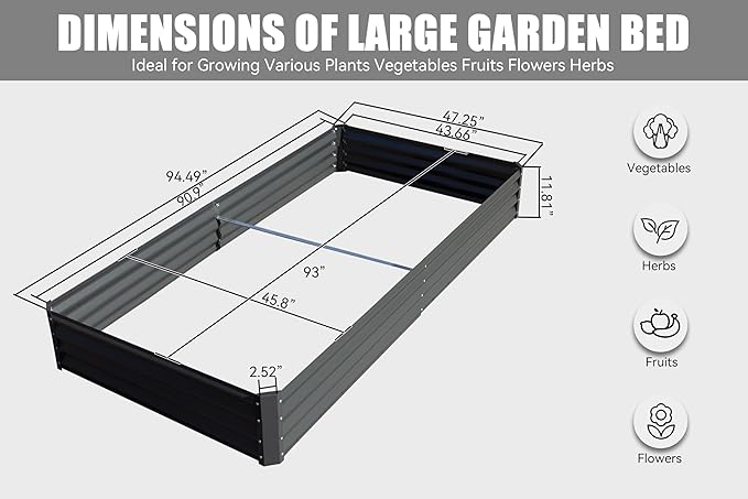 Domi Galvanized Raised Garden Bed, Outdoor Planter Garden Boxes Large Metal Planter Box for Gardening Vegetables Fruits Flowers, Dark Grey(8x4x1ft)