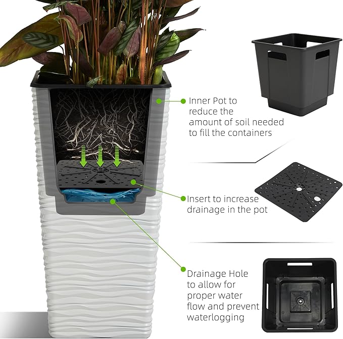 Worth Garden 2-Pack 22" H. White Square Tapered Planter with Inside Pots - Plastic Plant Pots for Indoor Outdoor - Modern Wavy Finish Decorative Flower Pots for Front Porch Containers Patio Deck
