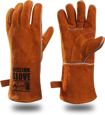 QeeLink Welding Gloves - Heat Resistant Leather and Fireproof Stitching for Fireplace Fire Pit Wood Stove BBQ Gardening Gear