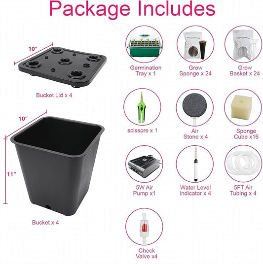 4 Hydroponic Buckets Kit for Plants, Hydroponics Growing System for Herbs/Tomato/Vegetables, DWC System with Air Pump & Germination Tray Black (Complete Indoor Hydroponic Gardening Supplies)