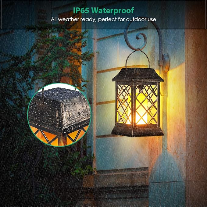 TomCare Solar Lights Outdoor Flickering Flame Metal Solar Lantern Outdoor Hanging Decorative Lanterns Heavy Duty Waterproof Umbrella Decorations Lighting for Patio Garden Deck Yard, 2 Pack (Bronze)