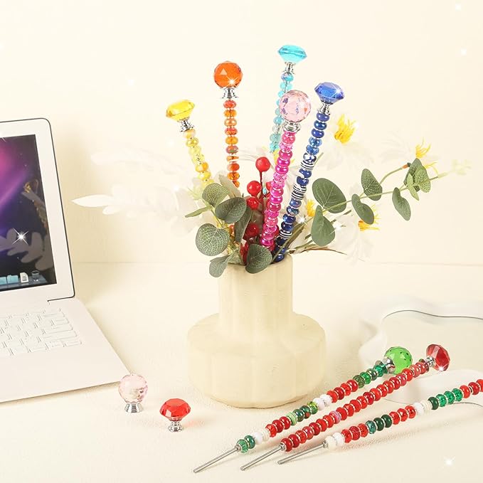 300 Pcs Garden Stakes Diy Fairy Wand Garden Stakes Kit, Colorful Large Hole Bead Crystal Diamond Stopper Top 12 Stainless Steel Threaded Rod Beaded Fairy Wands Supplies For Outdoor Beadable Decorative