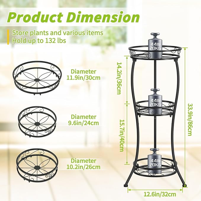 KMOTASUO 3 Tier Tall Metal Plant Stand, 33 Inch Plant Stands Indoor Outdoor, Rustproof Iron Flower Pot Holder Display Rack for Corner Patio Garden Balcony Living Room(Black)