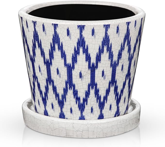 Ceramic Pot for Plants, 5.5 Inch Planter with Saucer and Drainage Hole for Indoor Plants, Ice Crack Vintage Flowers Plant Pots for Succulent Orchid Snake Plants Flower (Blue)