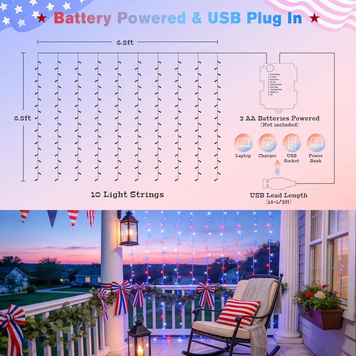 JMEXSUSS 200 LED Red White and Blue Curtain Lights