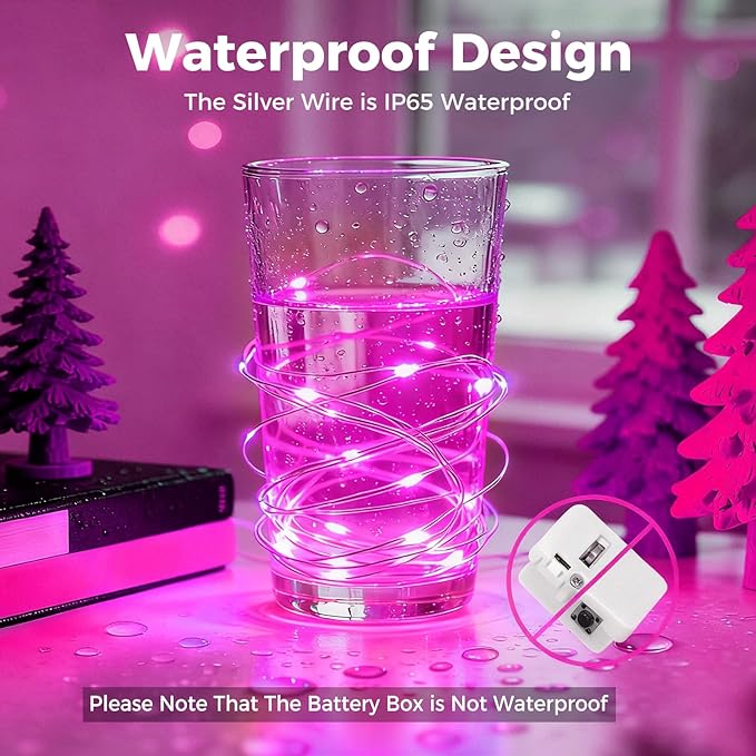 litogo 20 Pack 7FT 20 LED Fairy Lights Battery Operated, 3 Lighting Modes, Bulk Mini Twinkle String Lights Waterproof Silver Wire for Weddings Mason Jars Party Christmas Decorations-Pink